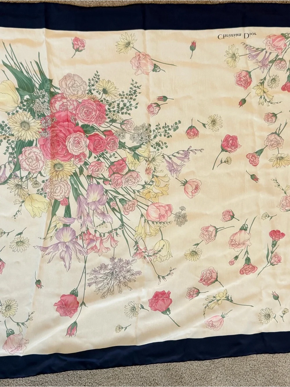 Christian Dior Vintage Floral Silk Square Scarf Navy Blue Cream Botanical Large